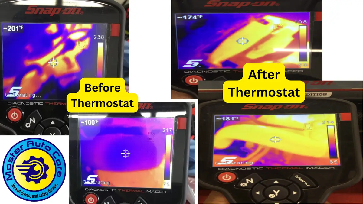 Before and after engine temperature readings showing the cooling system back in the normal range after a thermostat replacement at Master Auto Care