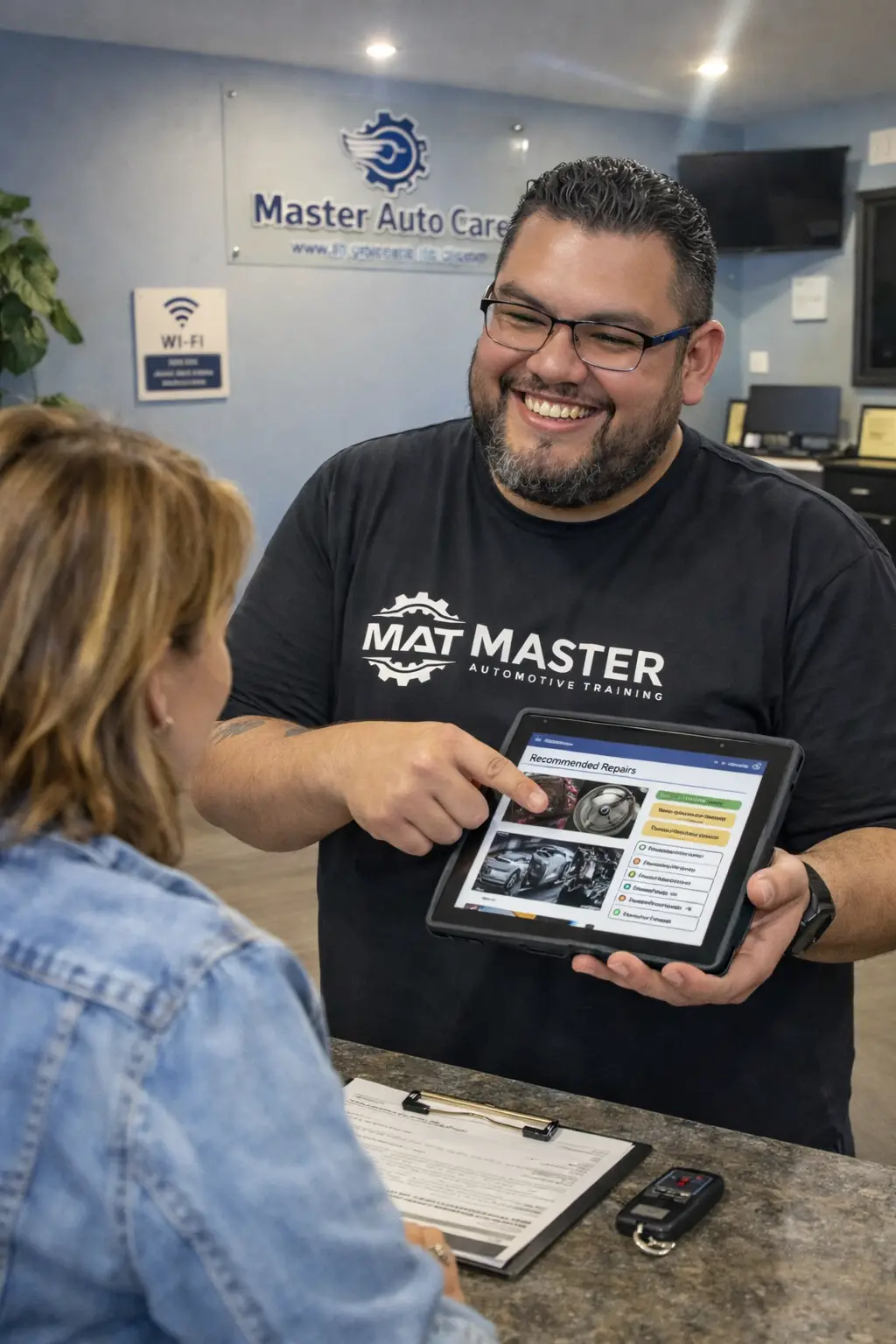 Oscar Gomez reviewing digital inspection results with a customer on an iPad at the Master Auto Care front counter